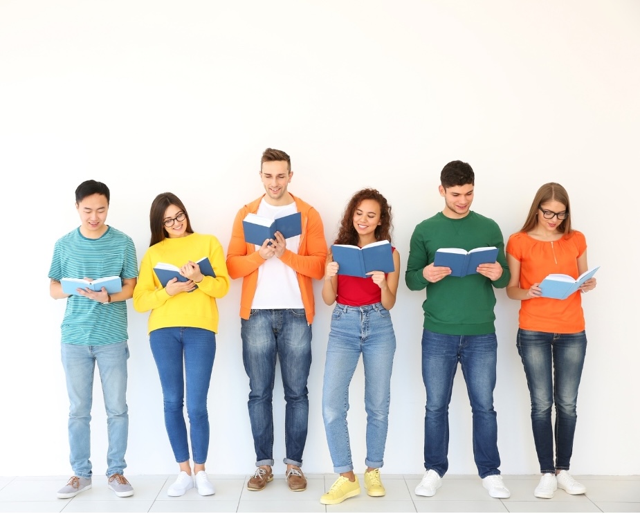 A group of six friends reading self help books all together