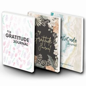 Three Gratitude Journals for Adults, each with its own taste, pink-flowers, Black-Flowers, Sea coast respectively.