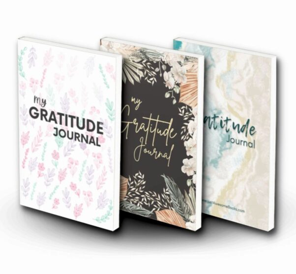 Three Gratitude Journals for Adults, each with its own taste, pink-flowers, Black-Flowers, Sea coast respectively.