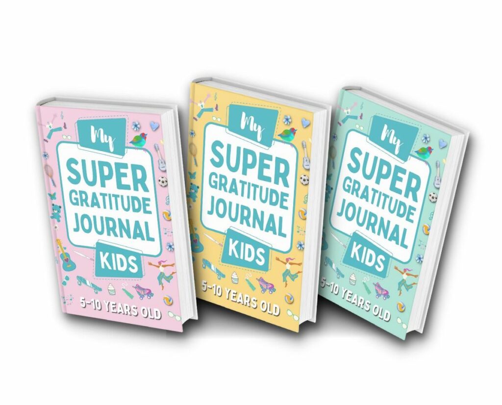 Three Gratitude Journals for children, each with its own color, pink, yellow, green respectively.