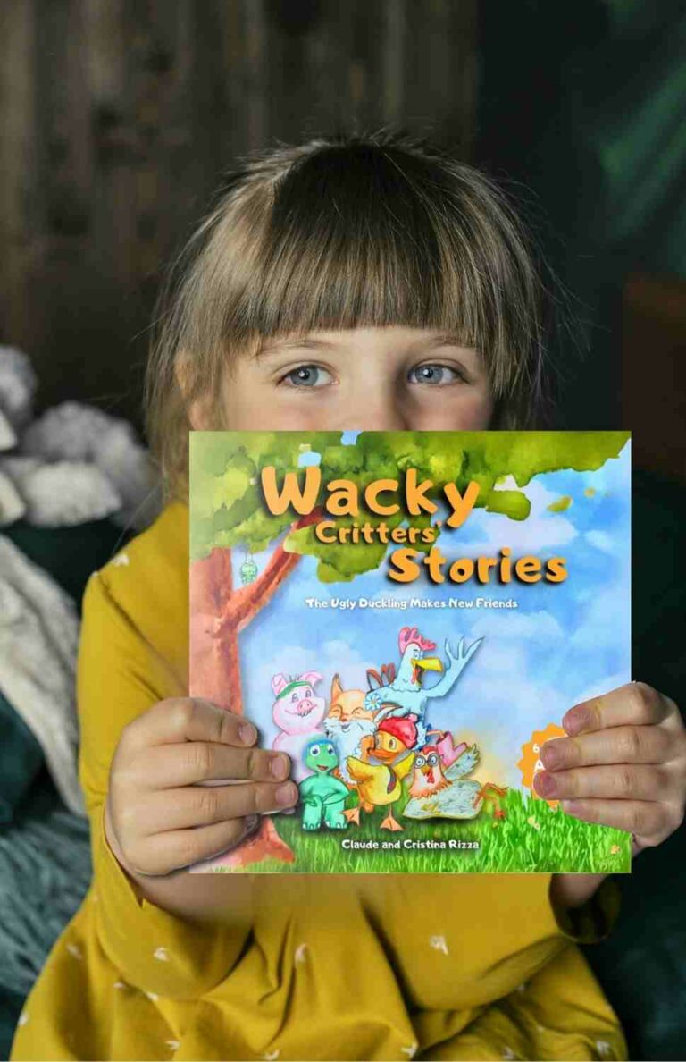 A young reader keep the Wacky Critters Stories Book in her hands, one of our inspiring books for kids and adults