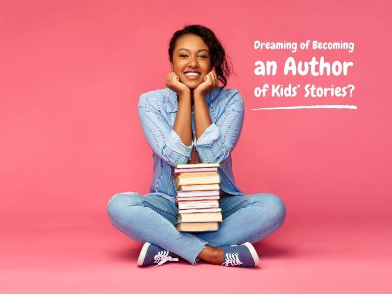 a woman sitting cross legged with a stack of books, thinking to become an Author of Kid' Stories